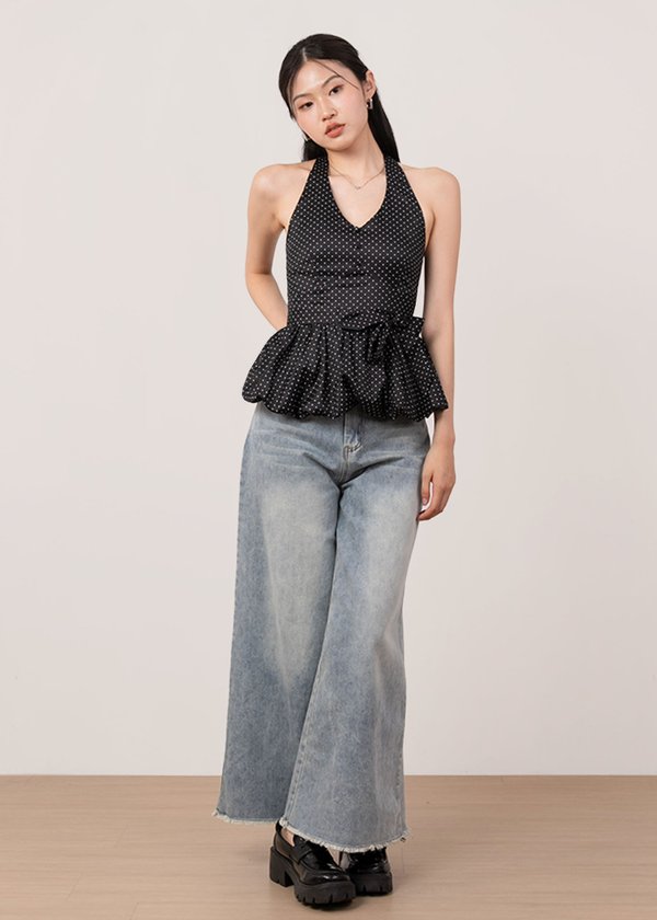 Orella Polka Dot Halter Bubble Top in Black