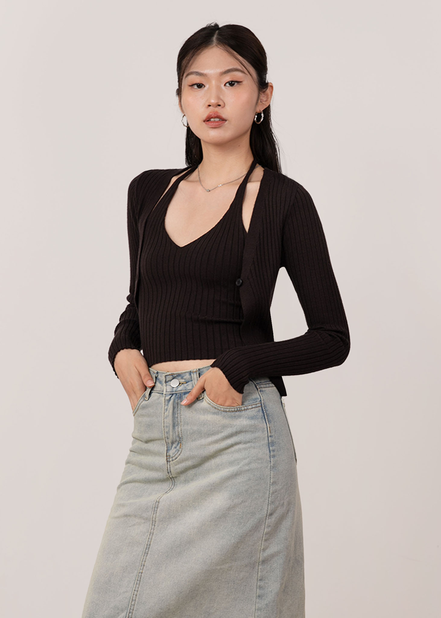 Odette 2 Piece Cardi Set in Dark Espresso Brown | 6STYLE