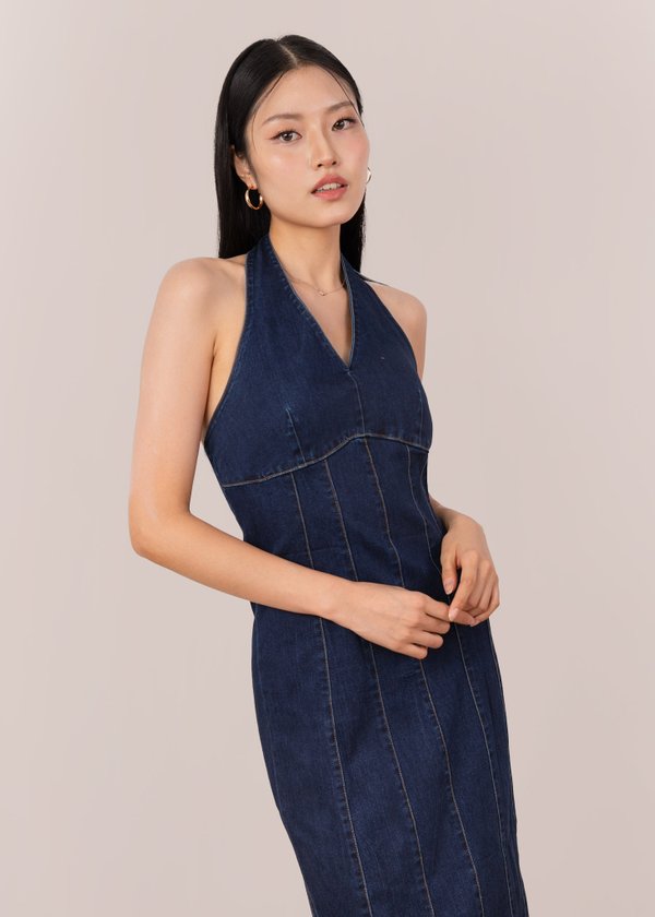 Diva Maxi Denim Dress in Dark Blue