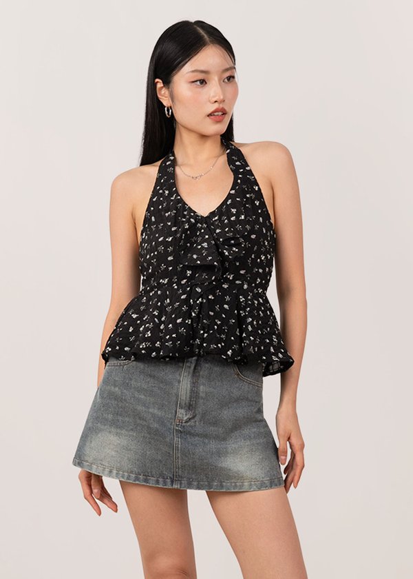 Lovelush Halter Ruffles Black Top in White Florals