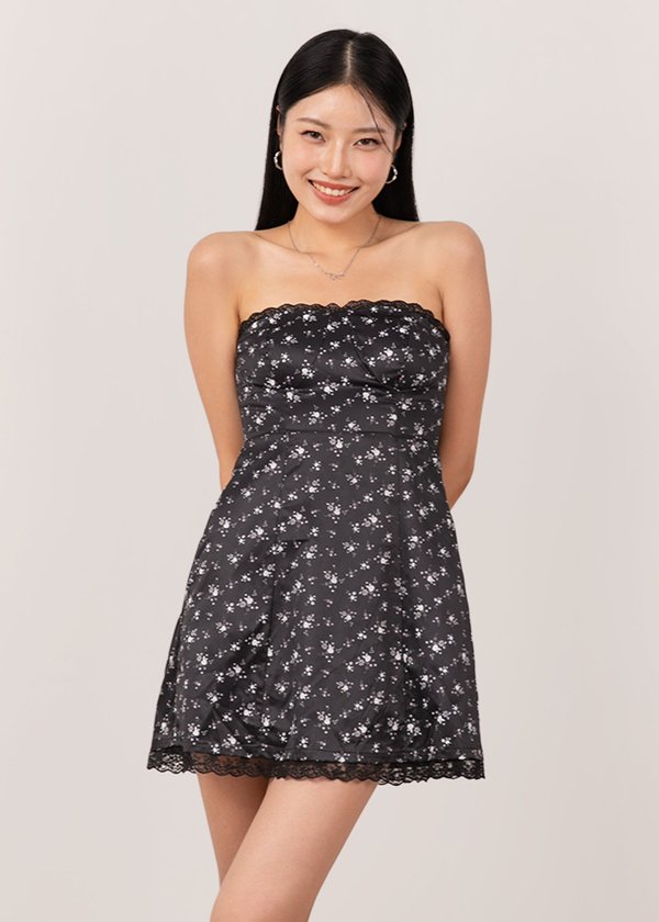 Sweet Blooms Black Mini Dress in White Florals