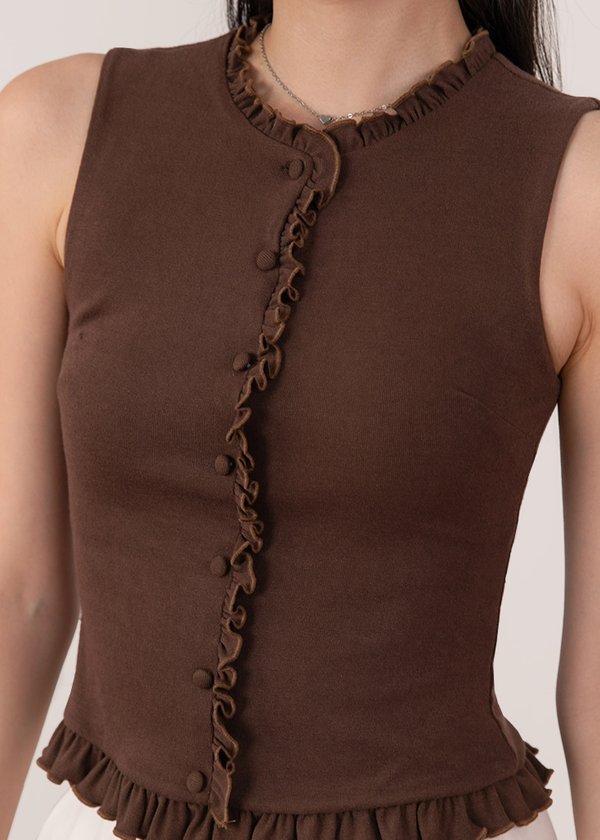 Frillia Ruffles High Neck Top in Brunette Brown