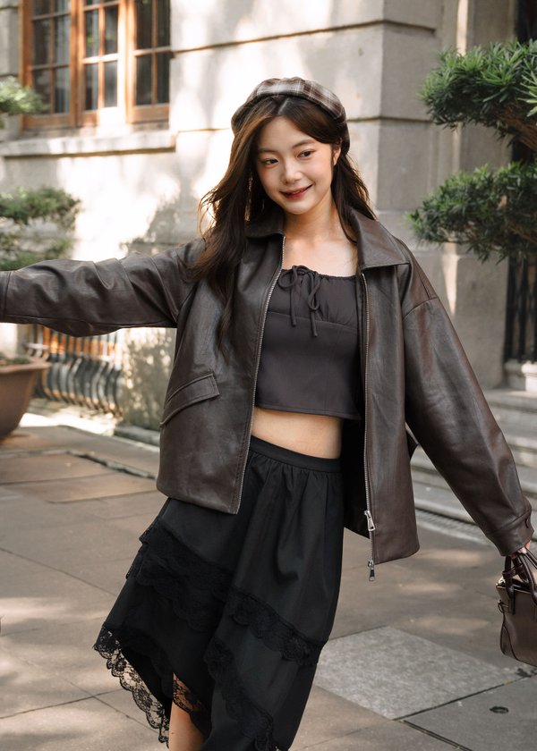 Blackout 2 Way Zipper Leather Jacket in Charcoal Brown