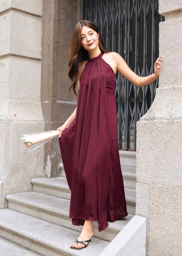 Elysian Halter Chiffon Maxi Dress in Wine Red