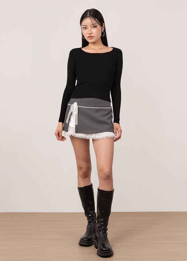 Cleo Lace Trimming Long Sleeve Top in Black