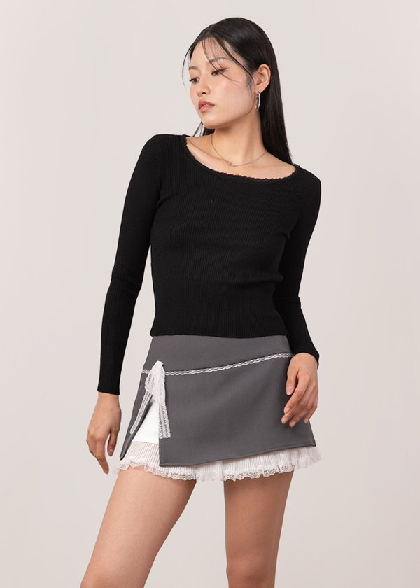 Cleo Lace Trimming Long Sleeve Top in Black