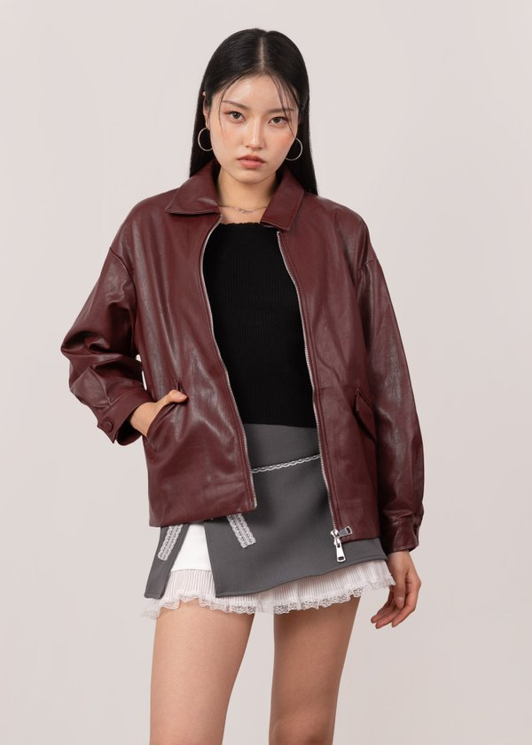 Blackout 2 Way Zipper Leather Jacket in Dark Wine