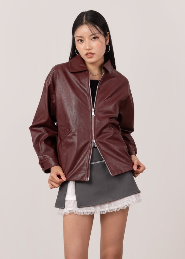 Blackout 2 Way Zipper Leather Jacket in Dark Wine