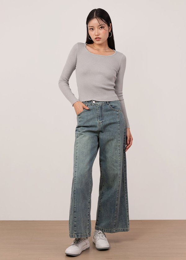 Cleo Lace Trimming Long Sleeve Top in Cloud Grey