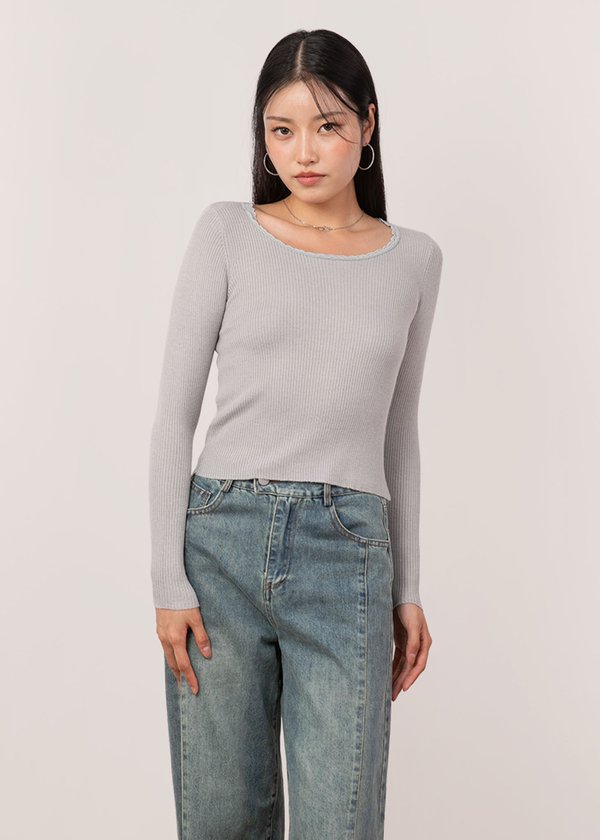 Cleo Lace Trimming Long Sleeve Top in Cloud Grey
