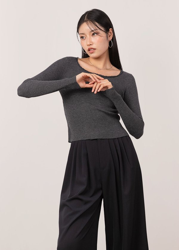 Cleo Lace Trimming Long Sleeve Top in Graphite Grey