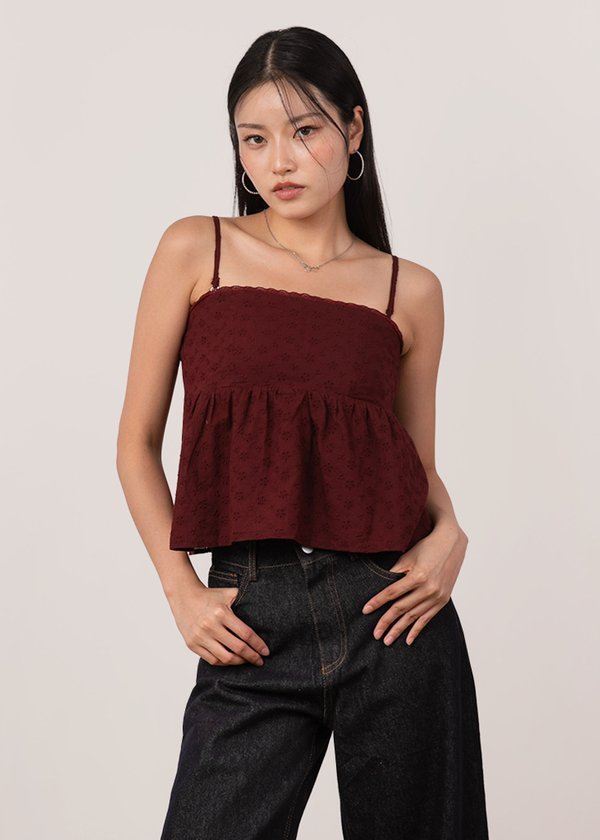 Cherry Kiss Babydoll Peplum Top in Dark Maroon
