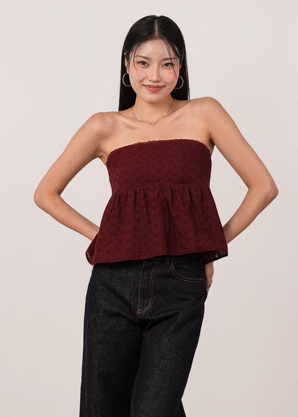 Cherry Kiss Babydoll Peplum Top in Dark Maroon