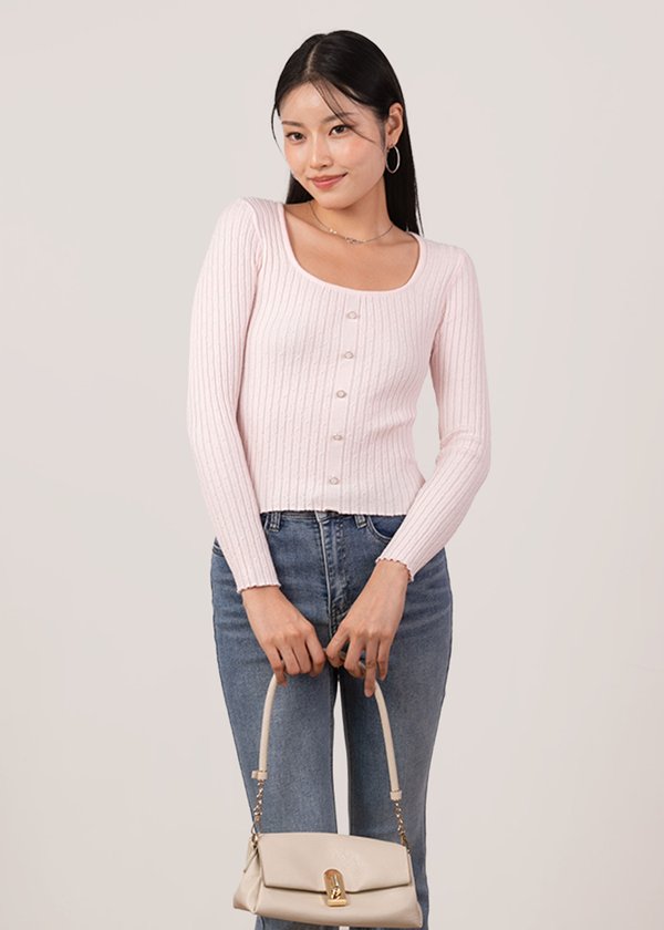 Moonpearl Ribbed Long Sleeve Top in Ice Pink