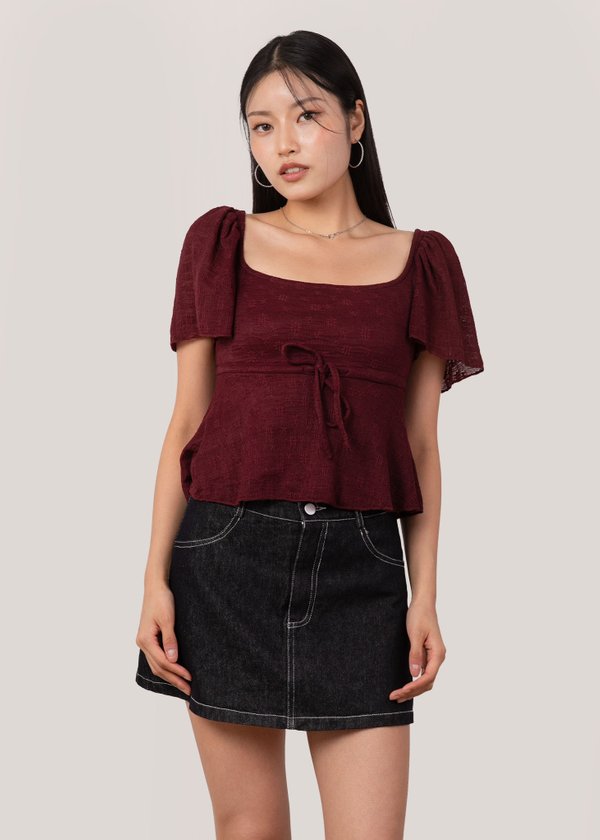 Pixie Flutter Sleeve Top in Dark Red
