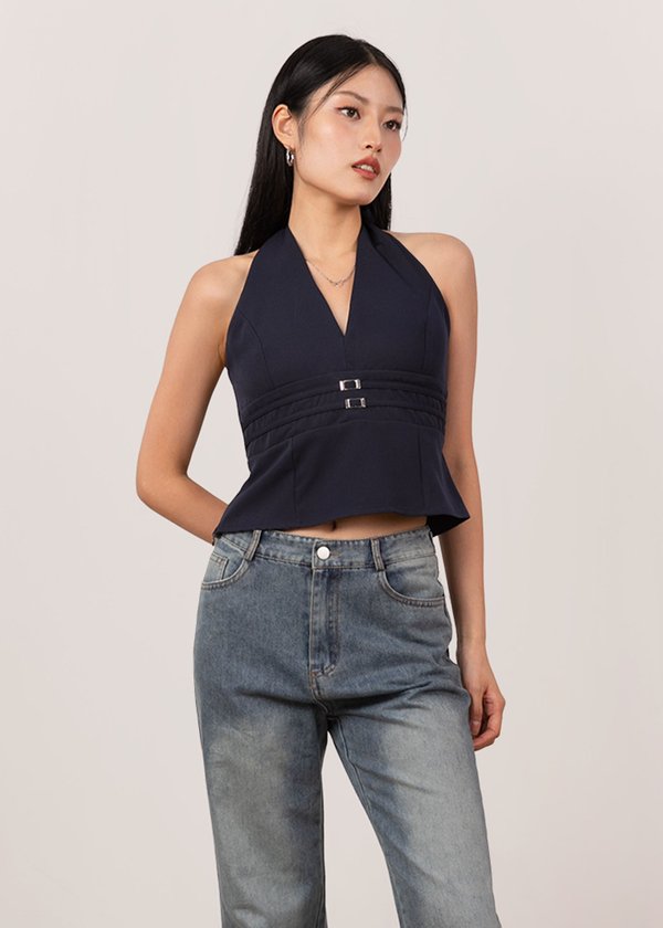 Glow Getter Buckle Halter Top in Midnight Blue