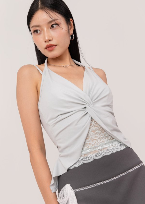 Twist & Flare Lace Halter Top in Soft Blue