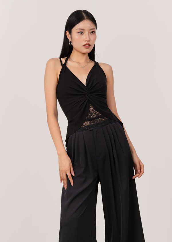 Twist & Flare Lace Halter Top in Black