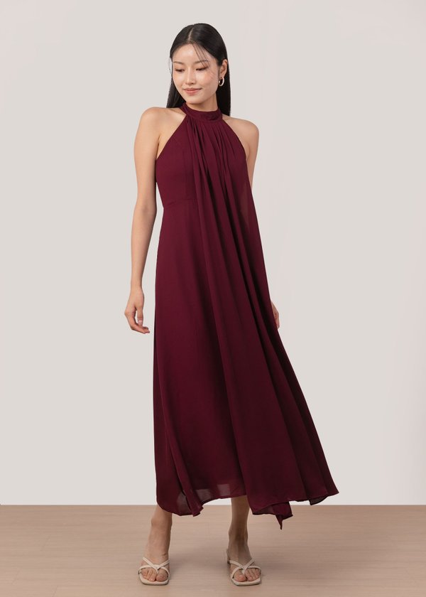 Elysian Halter Chiffon Maxi Dress in Wine Red