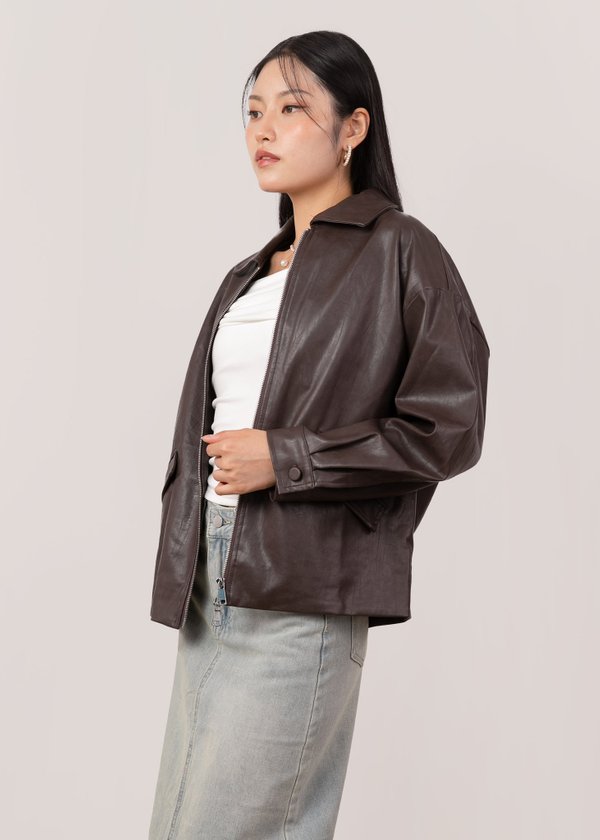 Blackout 2 Way Zipper Leather Jacket in Charcoal Brown