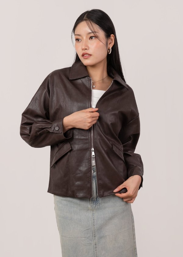 Blackout 2 Way Zipper Leather Jacket in Charcoal Brown