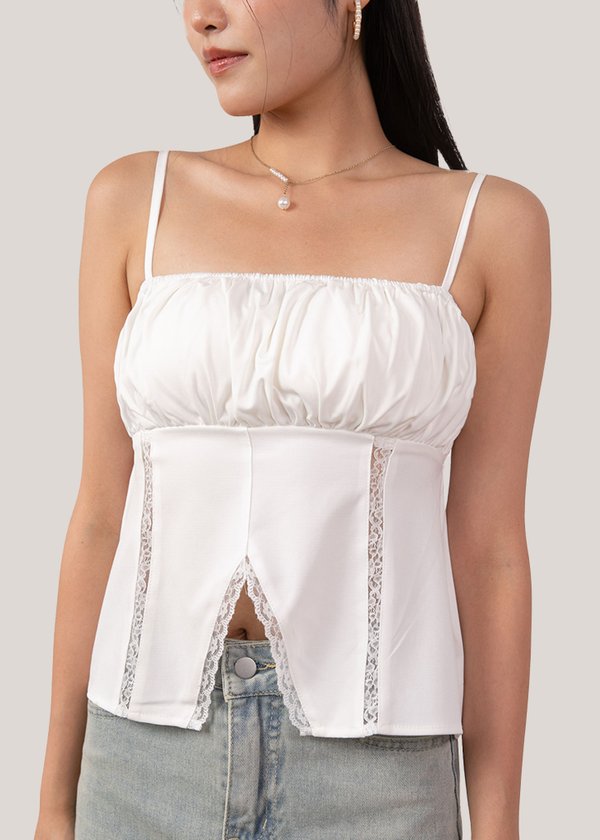 Colette Ruched Lace Top in White