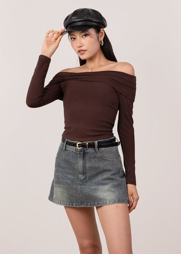 Sorelle Off Shoulder Ruched Top in Brunette Brown