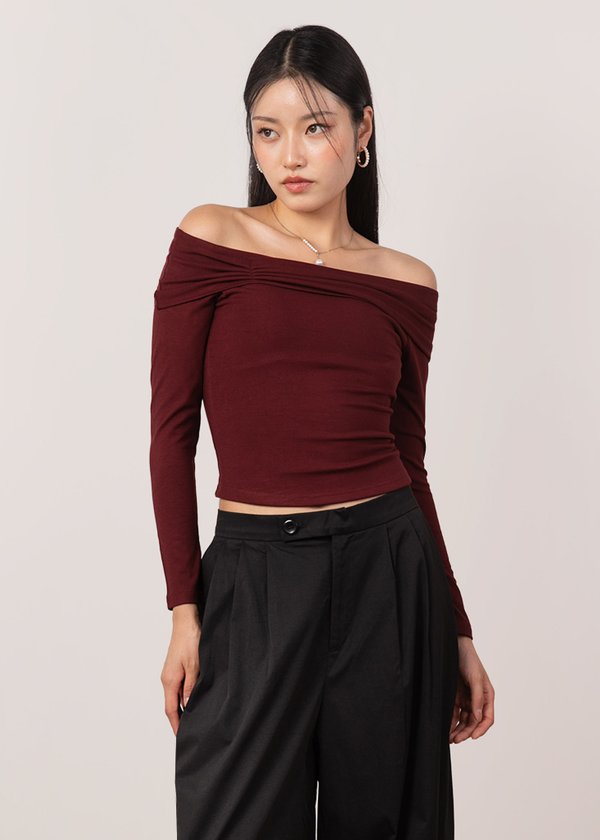 Sorelle Off Shoulder Ruched Top in Wine Red