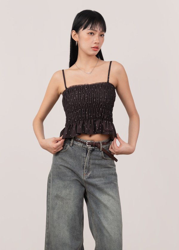 Pretty in Polka Ruched Top in Espresso Brown