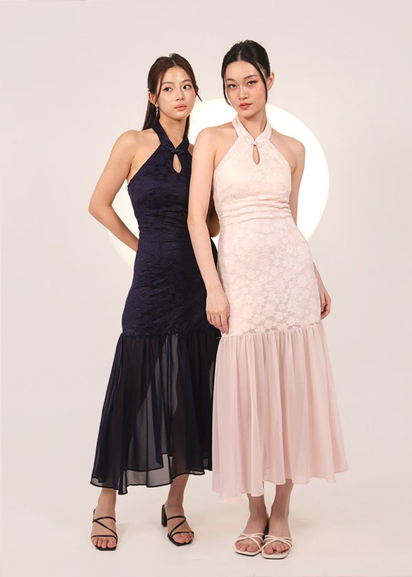 仙 (Xiān–Fairy-like purity) Dropwaist Mesh Qipao Midi Dress in Powder Pink