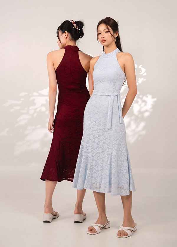 禄 (Lù–Prosperity) Qipao Midi Dress With Rose in Sky Blue