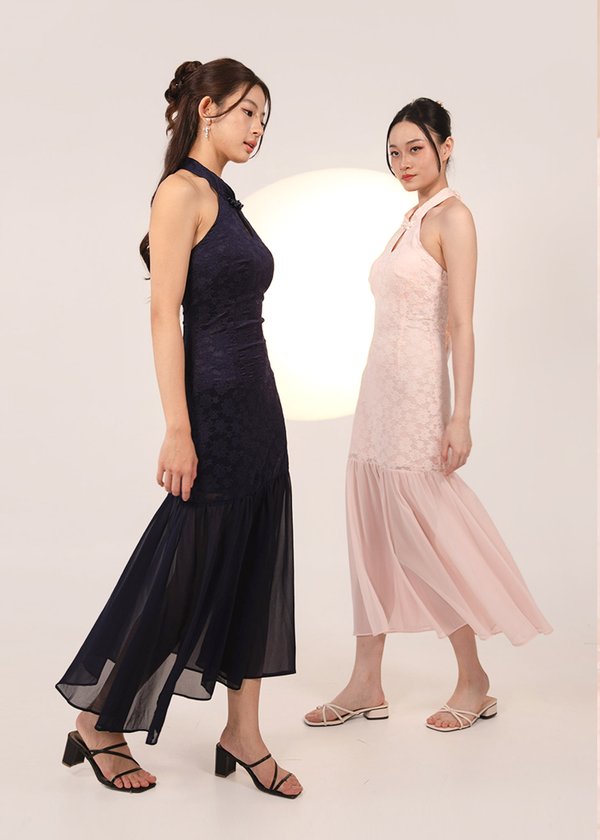 仙 (Xiān–Fairy-like purity) Dropwaist Mesh Qipao Midi Dress in Dark Navy