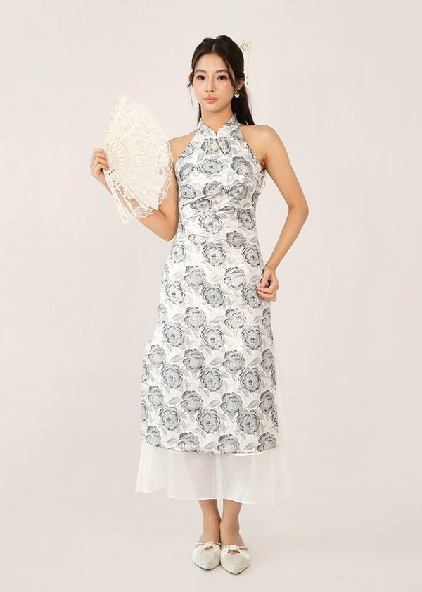禧 (Xǐ–Happiness) Mesh Qipao Midi Dress in Imperial Blue