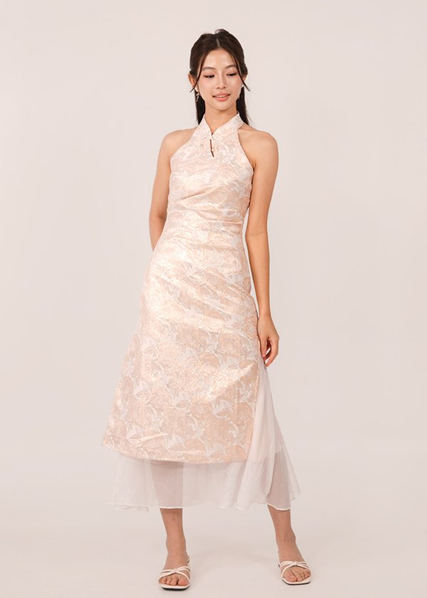 禧 (Xǐ–Happiness) Mesh Qipao Midi Dress in Champagne Pink