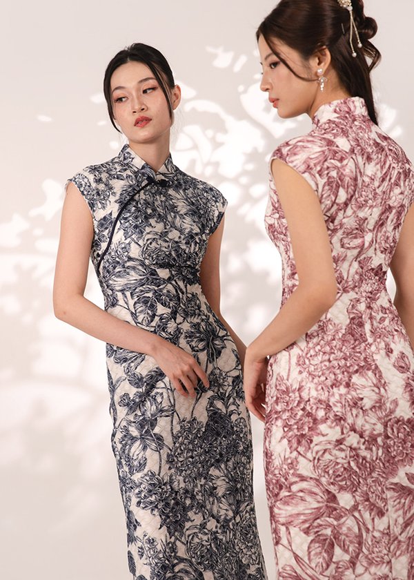 慧 (Huì–Wisdom) Porcelain Qipao Midi Dress in Evening Blue