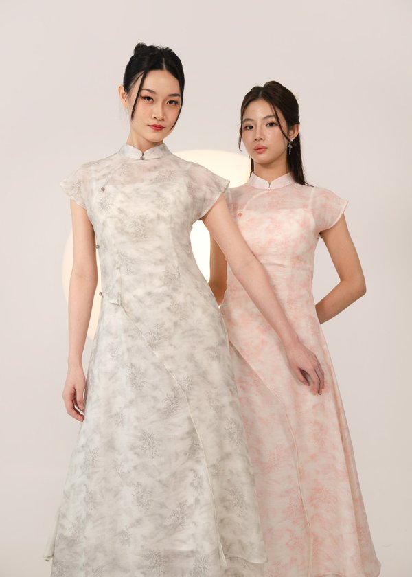 柔 (Róu–Soft, Gentle) Watercolor 2 Piece Qipao Dress in Celadon Mist