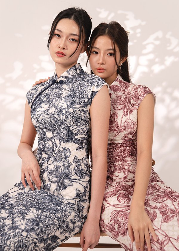 慧 (Huì–Wisdom) Porcelain Qipao Midi Dress in Evening Blue