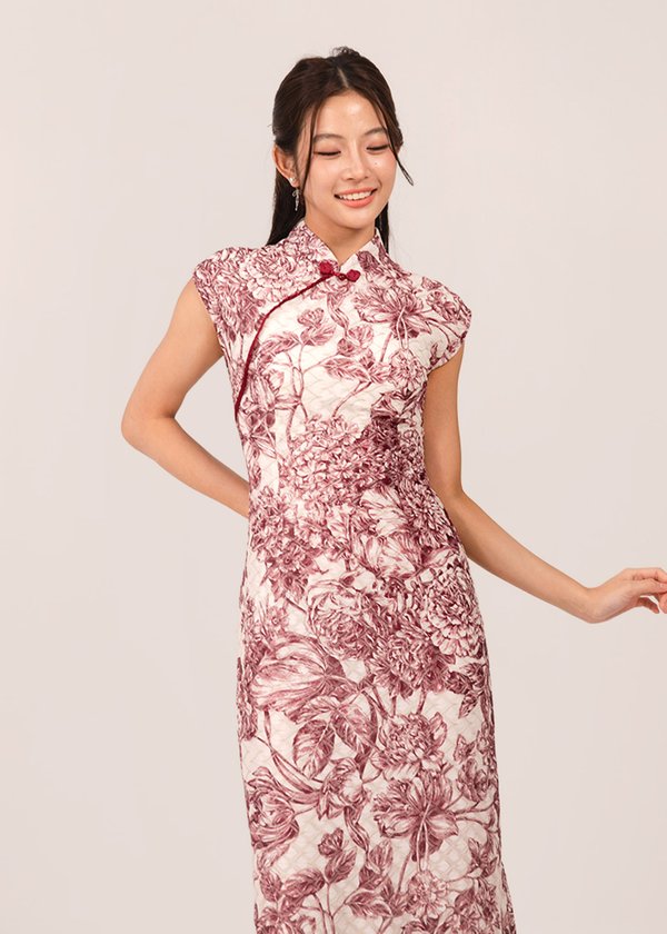 慧 (Huì–Wisdom) Porcelain Qipao Midi Dress in Royal Maroon