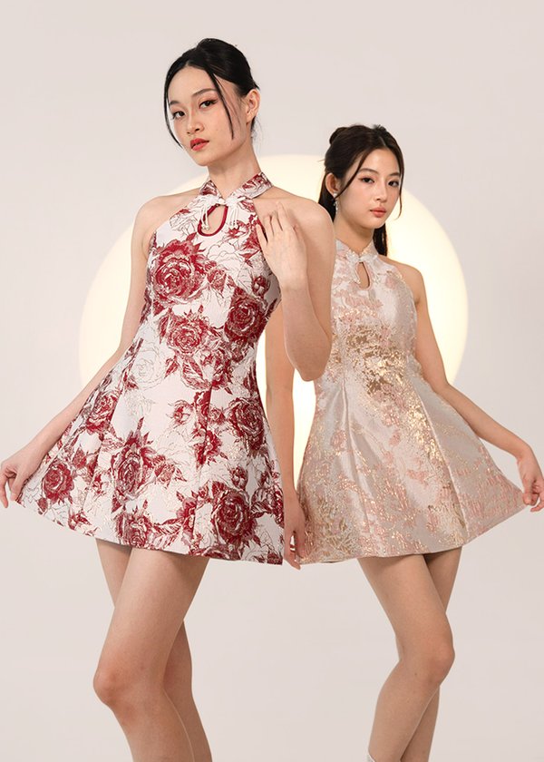 琳 (Lín–Refined Beauty) Blooming Skater Mini Dress in Ruby Red