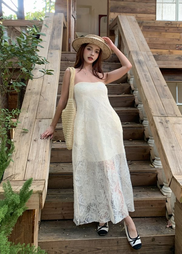 Elarose Lace Midi Dress in Cream