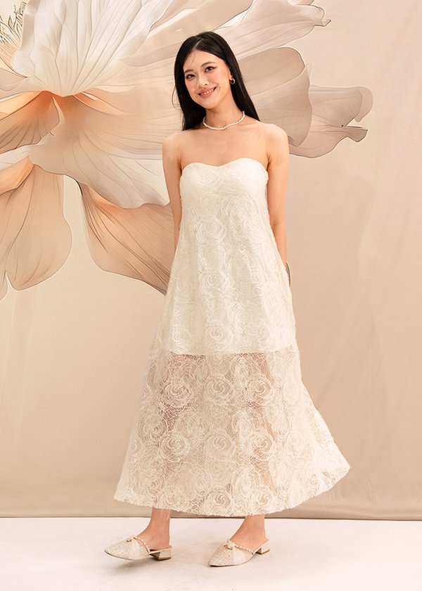 Elarose Lace Midi Dress in Cream