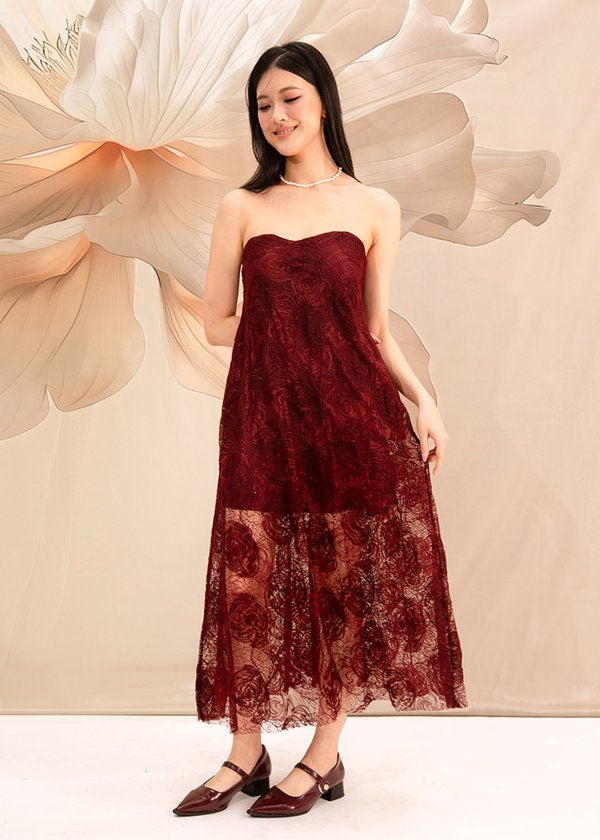 Elarose Lace Midi Dress in Dark Red