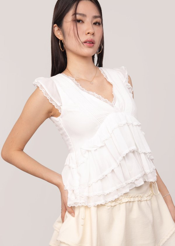 Snowflakes Ruffles Top in White