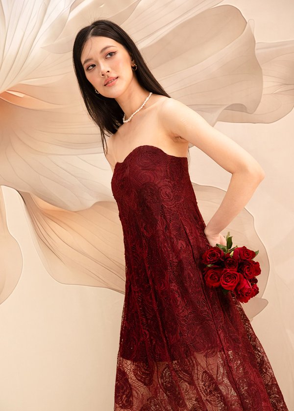 Elarose Lace Midi Dress in Dark Red