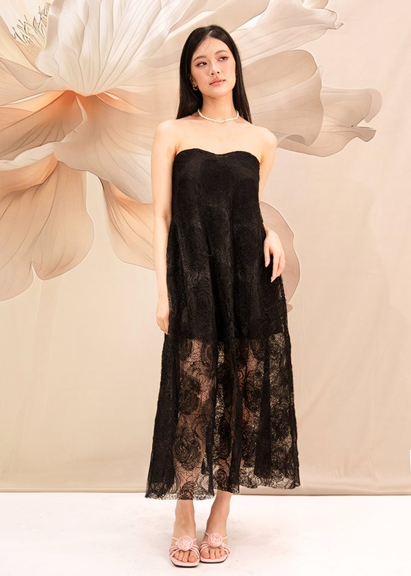 Elarose Lace Midi Dress in Black