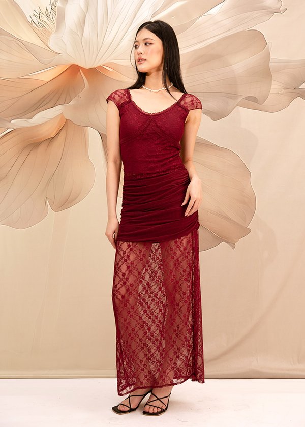 Clio Lace Midi Ruched Skirt in Dark Red