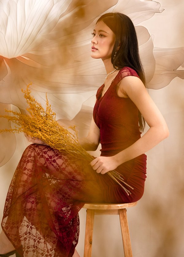 Clio Lace Midi Ruched Skirt in Dark Red