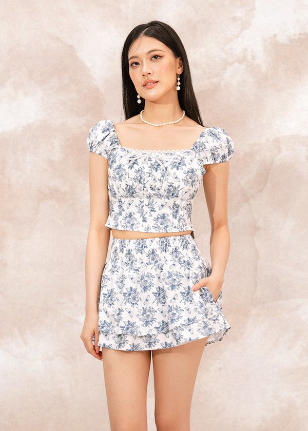 Azure Oriental Puffy Sleeve Top in Venice Blue