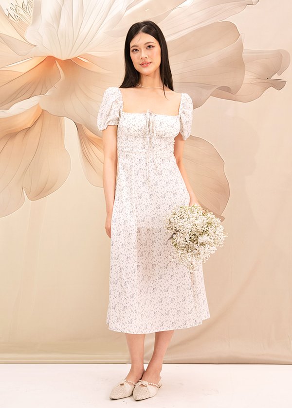 Yeori Puffy Sleeve Midi Dress in White x Lavender Flora Prints