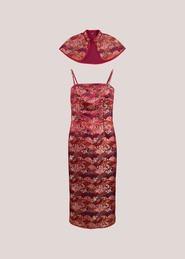 发财 (Fā Cái) Oriental Midi Dress With Bulero in Red